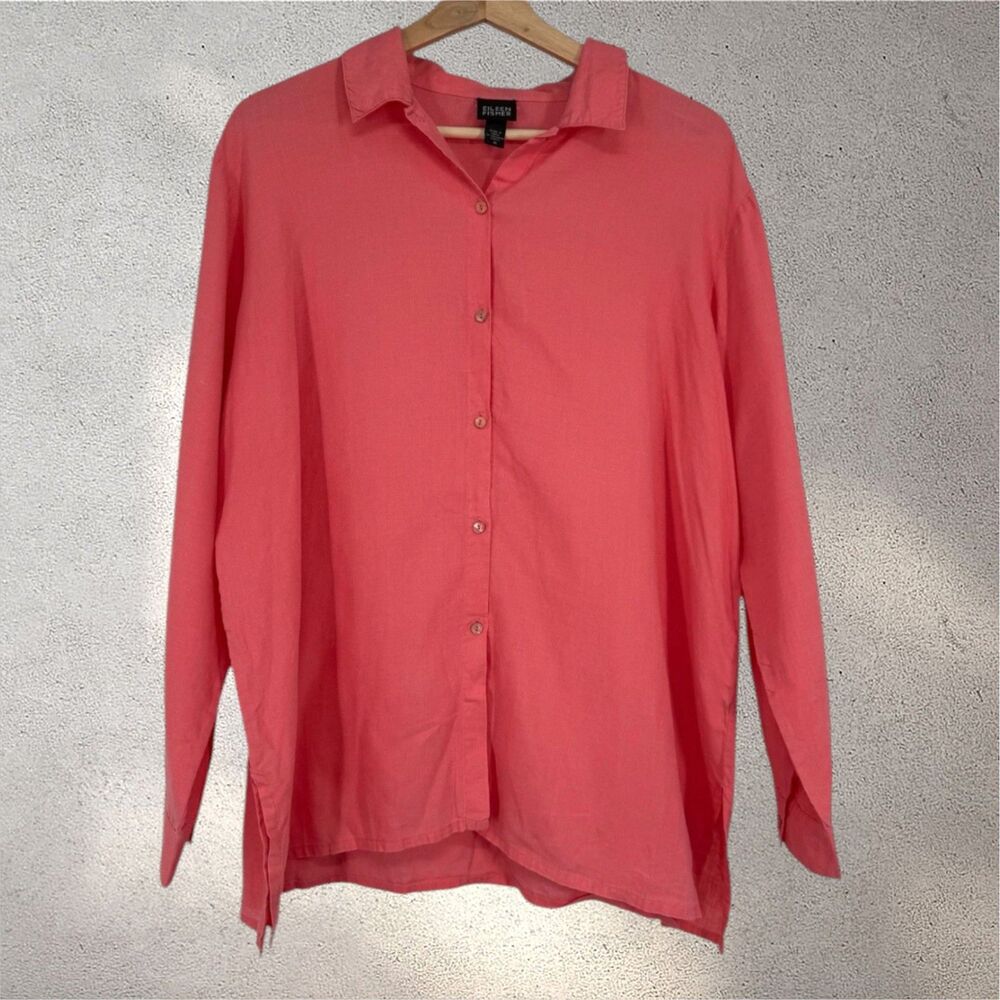 Eileen Fisher Womens Irish Linen Button Up Shirt Top M Coral Pink Beachy Coastal